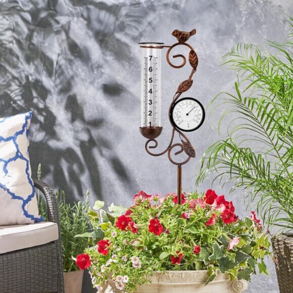 New Bronze Rain Gauge, 32" Outdoor Thermometer for Garden & Patio Decor - Picture 2 of 7